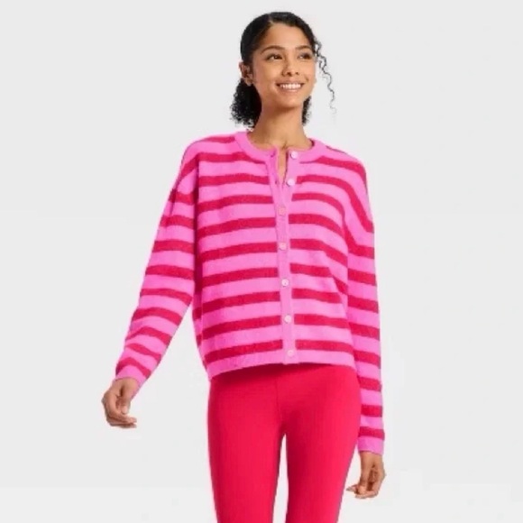 JoyLab Sweaters - Women's Button-Up Cardigan Sweater - JoyLab™ Neon Pink/Red StripeXS NWT